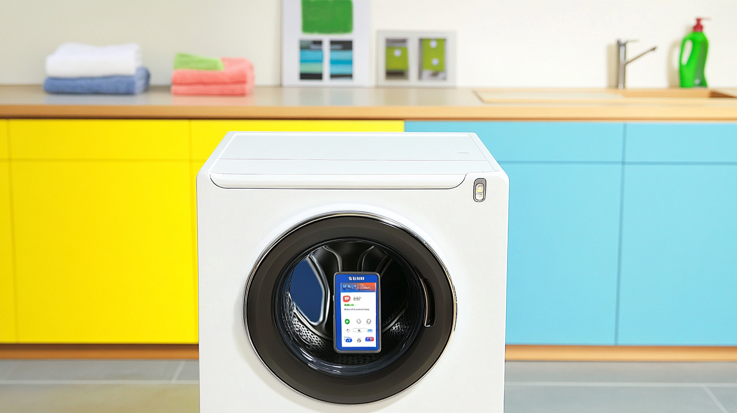 최첨단 기술로 제작된 삼성 세탁기가 현대적인 세탁실에 위치하고 있으며, 스마트폰이 세탁기의 원격 제어 기능을 보여줍니다.