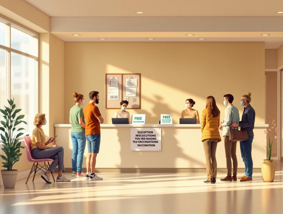 무료 독감접종 맞기위해 대기하는 광경