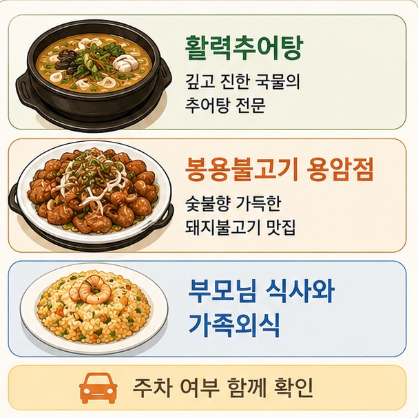 활력추어탕과 봉용불고기 용암점의 대표 메뉴를 통해 부모님과 점심 또는 가족외식을 위한 한식 선택지를 보여 주는 그림