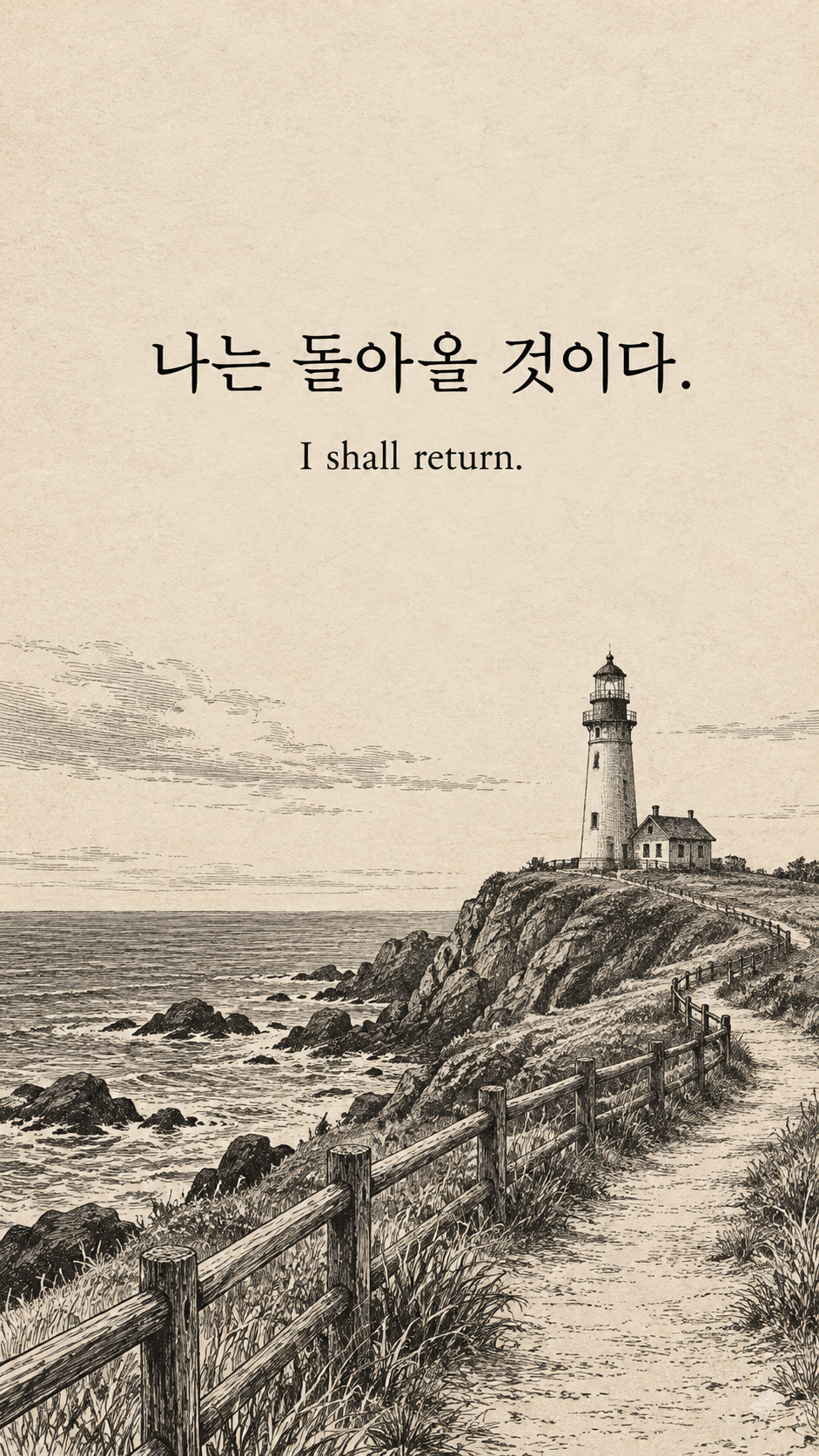 돌아오겠다는 약속 &mdash; 옛날 신문 펜선 삽화에 한글과 영어 문구를 담은 맥아더 명언 이미지