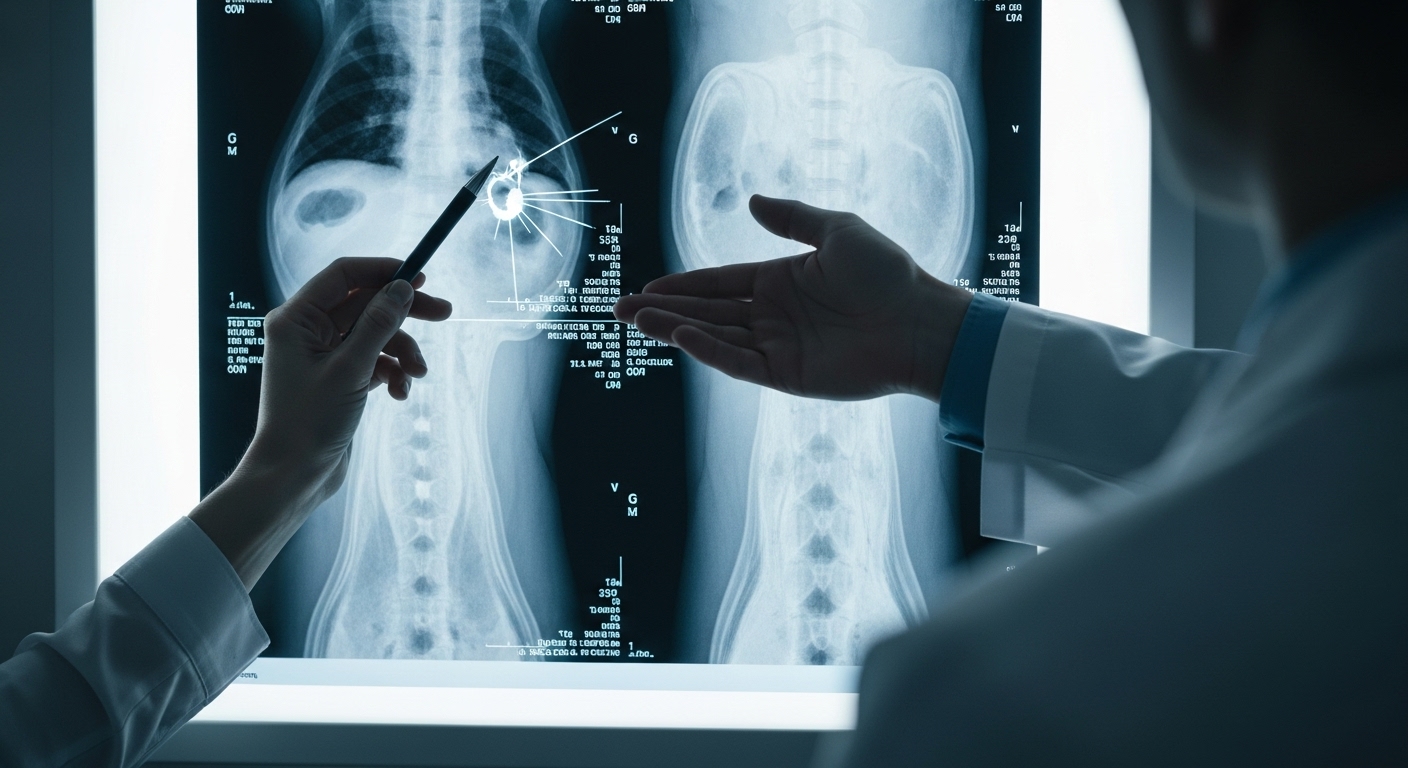 의사가 X-ray화면을 환자에게 보여주며 골절상태를 설명하는 모습