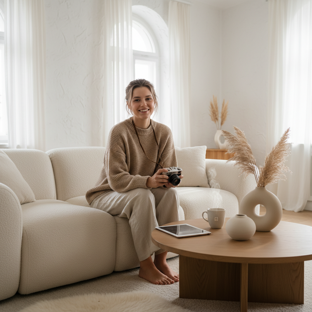 밝은 거실 공간에서 소파와 가구가 강조된 라이프스타일 분위기의 여성 사진