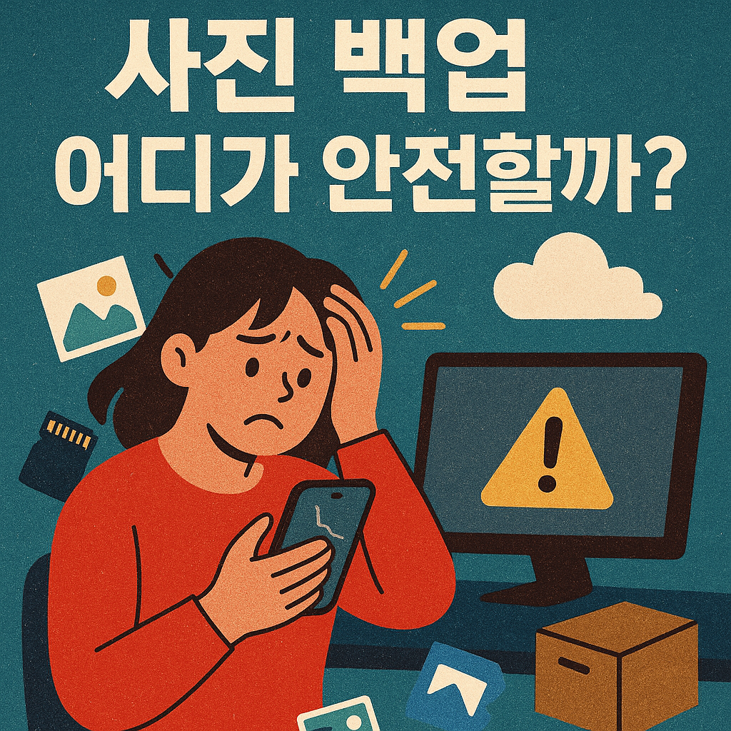 스마트폰 화면이 깨지고 컴퓨터 모니터에 오류 메시지가 표시된 장면에서, 젊은 인물이 사진이 사라진 것을 보고 당황한 표정으로 앉아 있음. 주변에는 클라우드 아이콘, 외장하드, NAS 박스, 사진 아이콘이 흩어져 있어 데이터 백업의 필요성을 강조하는 그레인 효과의 디지털 일러스트