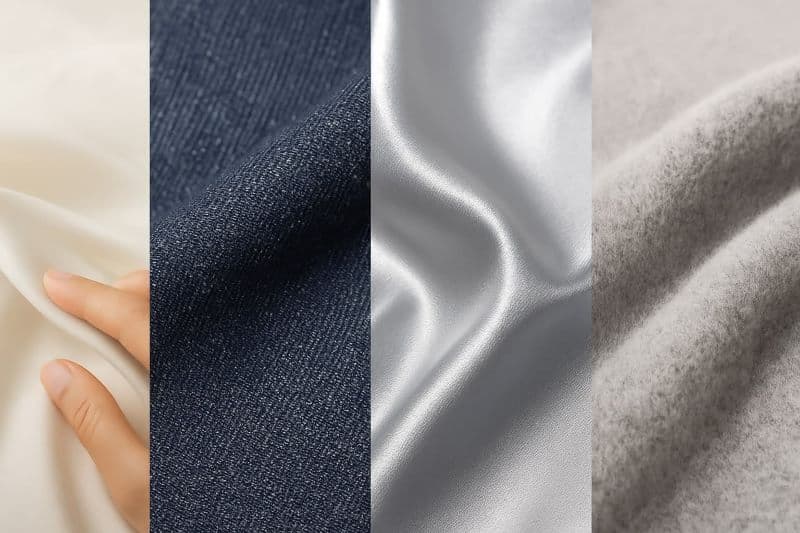 부드러움, 강도, 광택, 보온성 등 다양한 직물 특성을 보여주는 질감 콜라주 이미지