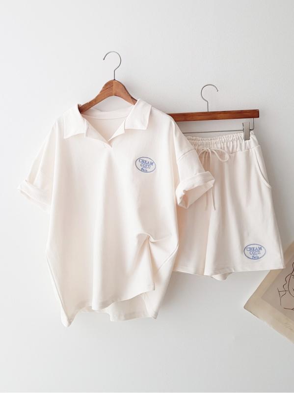 카인드 Cream SET 자수 트임 카라넥 반팔 티셔츠 반바지 투피스 데일리 트레이닝복세트