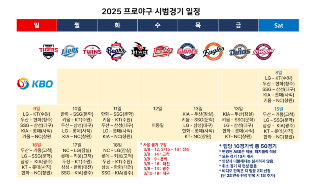 프로야구 2025년 시범경기일정표