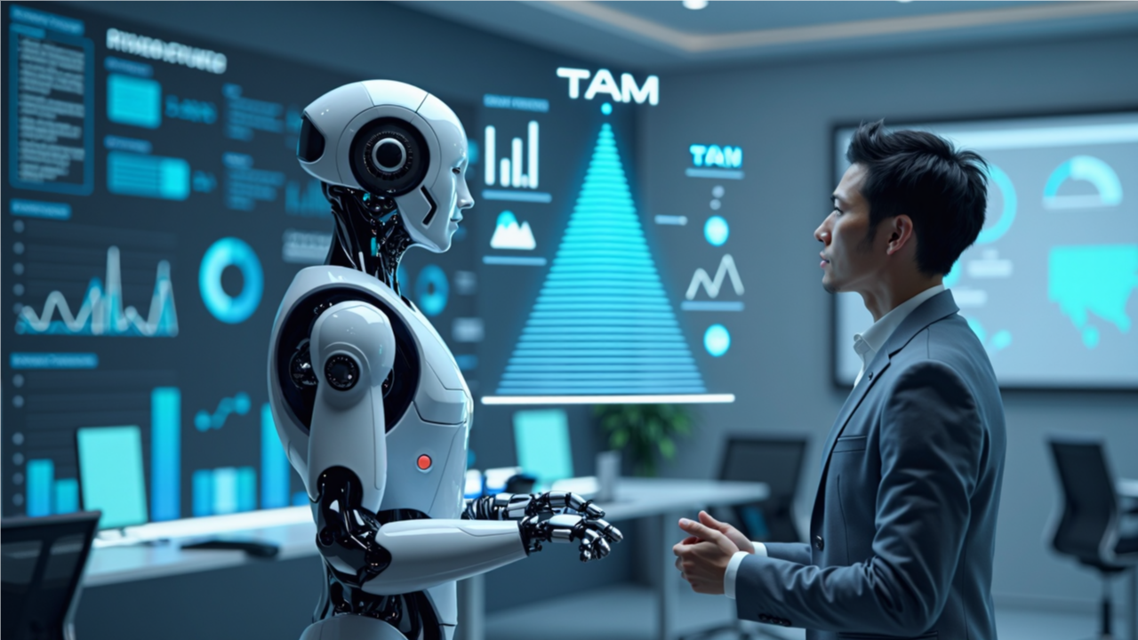 AI 로봇과 창업자가 함께 TAM/SAM/SOM 피라미드 차트를 분석하는 미래지향적 사무실 장면