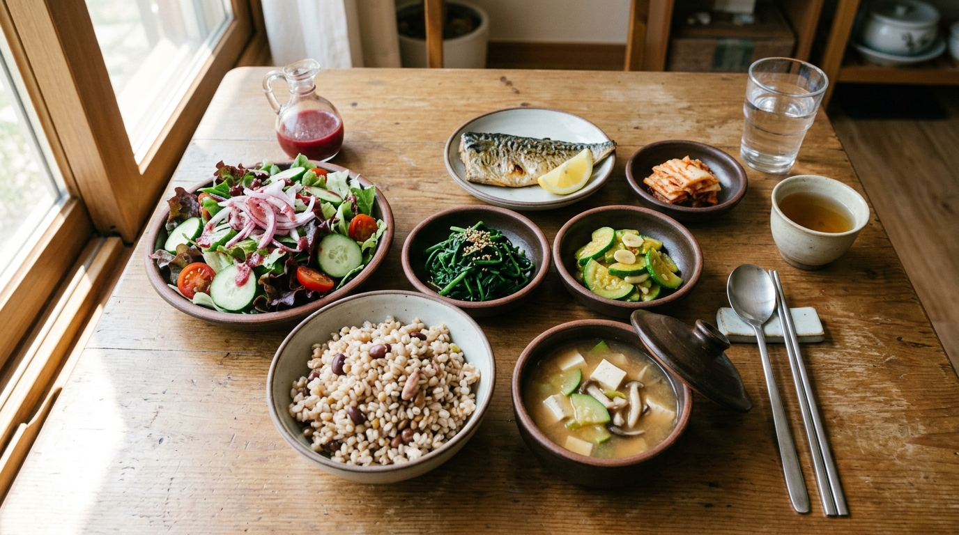 혈당 관리를 위해 구성된 건강한 식단과 레드와인 식초 드레싱