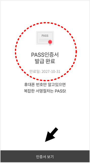 PASS 인증서 발급 완료 화면