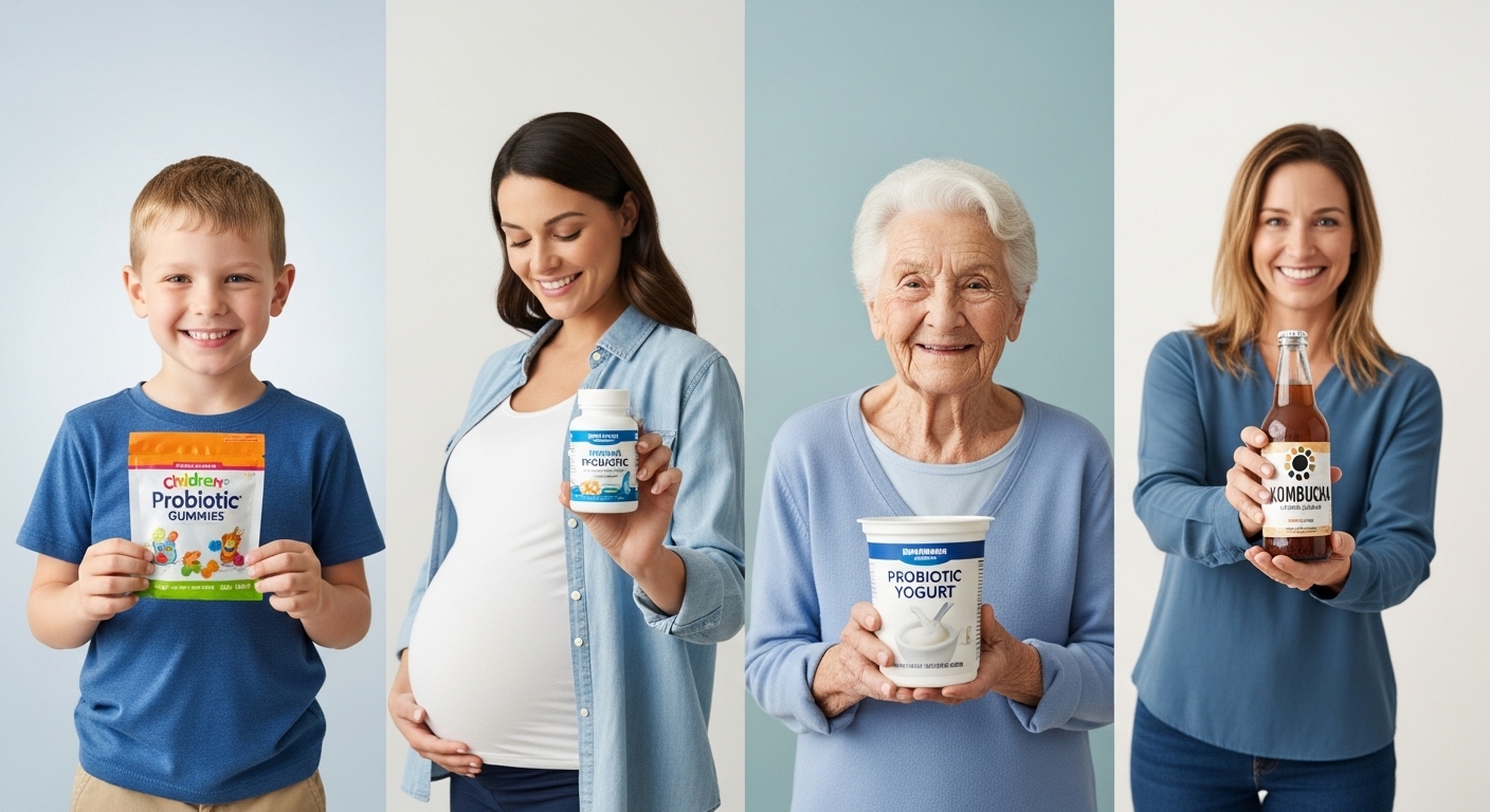 어린이, 임산부, 노년층 등 다양한 연령대의 사람들이 각자의 상황에 맞는 프로바이오틱스 제품을 들고 있는 모습.