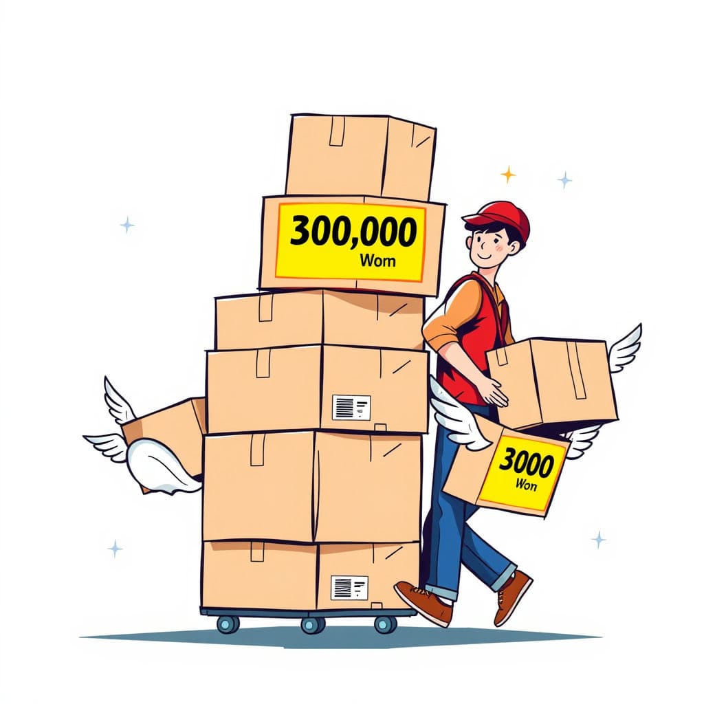 배달 상자가 쌓여있는 모습에서 30만 원이 적힌 스티커가 붙으면서 상자가 가벼워지고, 배달원이 쉽게 운반하는 모습입니다. 상자에는 날개가 달려있어 비용 절감으로 인한 효율성 증대와 사업 확장을 표현합니다.