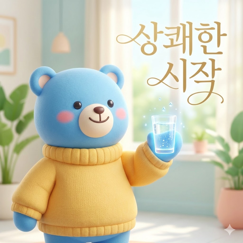 상쾌한 아침을 맞이하며 맑은 물을 마시는 귀여운 캐릭터, 건강한 하루의 시작을 상징