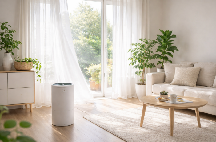 햇살이 비치는 거실 속 공기청정기와 초록 식물이 어우러진 깨끗한 실내 공간. 천식 환자에게 적합한 청결하고 쾌적한 환경을 상징합니다.