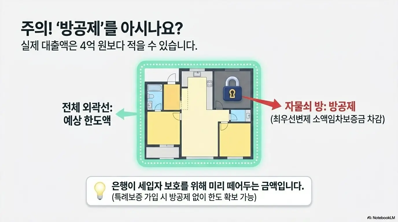 신생아 특례 대출 조건: 신생아 특례 대출 방공제를 집 평면도의 자물쇠 방으로 표현한 이미지. 최우선변제 소액임차보증금 차감으로 실제 대출액이 4억 원보다 줄 수 있으며 특례보증 가입 시 방공제 없이 한도를 확보할 수 있음을 보여줌. 