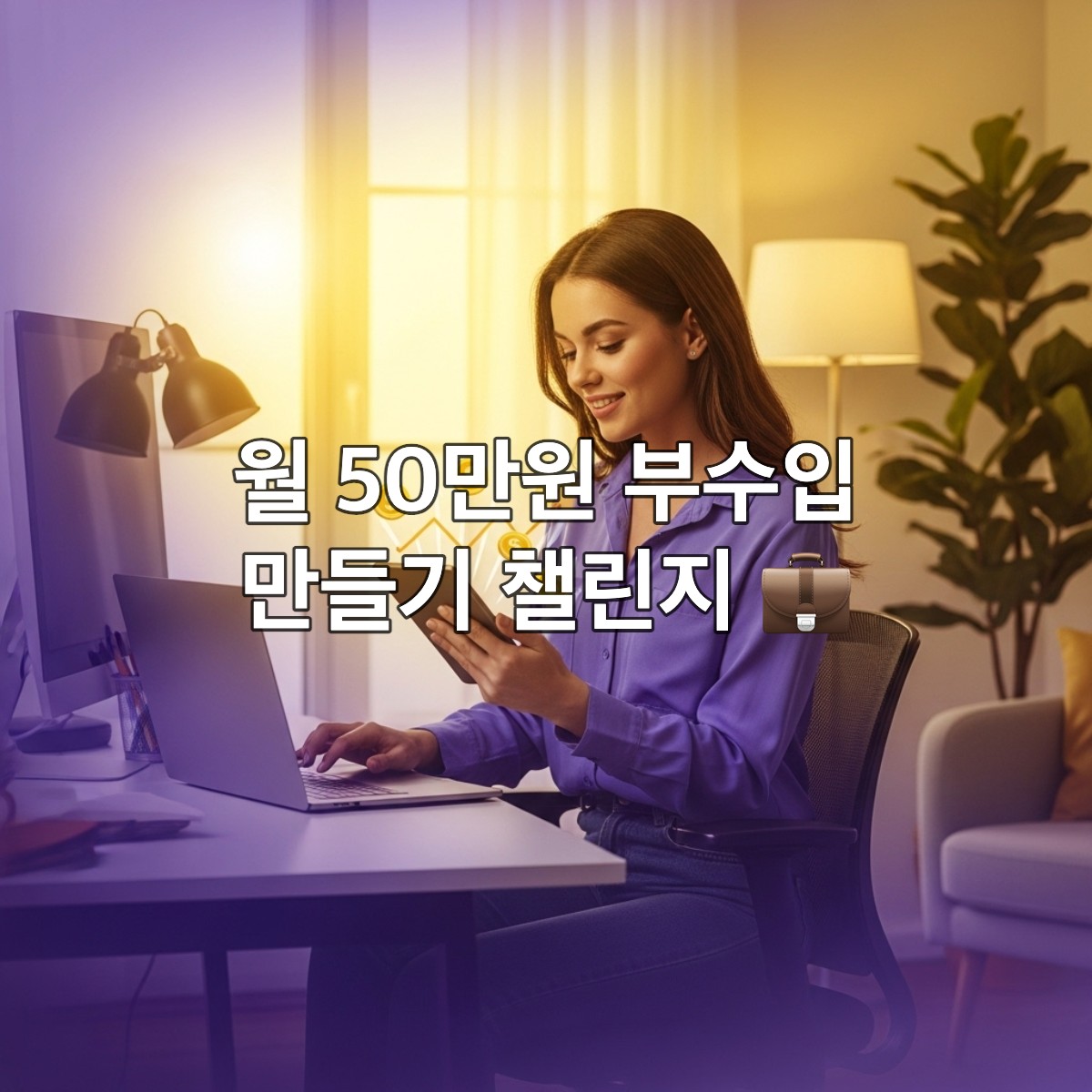 웃으며 노트북과 태블릿을 동시에 사용하는 직장인이 월 50만원 부수입을 성공적으로 관리하는 모습, 퍼플-옐로우 테마