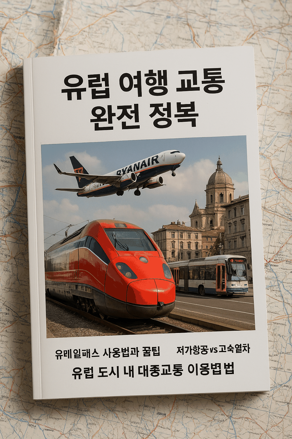 유럽의 고속열차, 저가항공, 도시 풍경이 어우러진 실사 스타일의 여행 교통 가이드북 표지 이미지