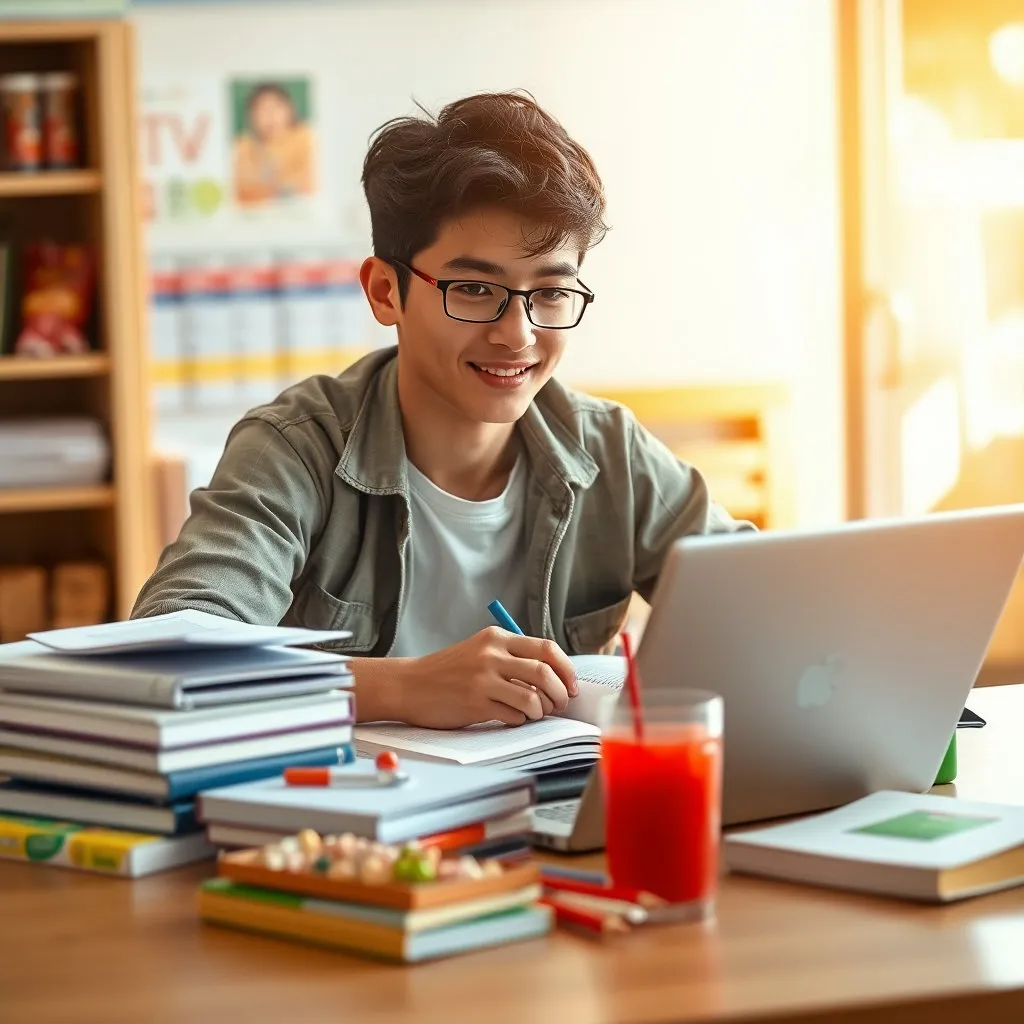매점에서 구매한 물품을 활용해 건강하게 식사하고 학업에 열중하는 대학생의 모습입니다. 밝고 긍정적인 분위기 속에서 책상 위에는 책과 노트북, 그리고 매점에서 구매한 음료나 간식 등이 놓여 있습니다.