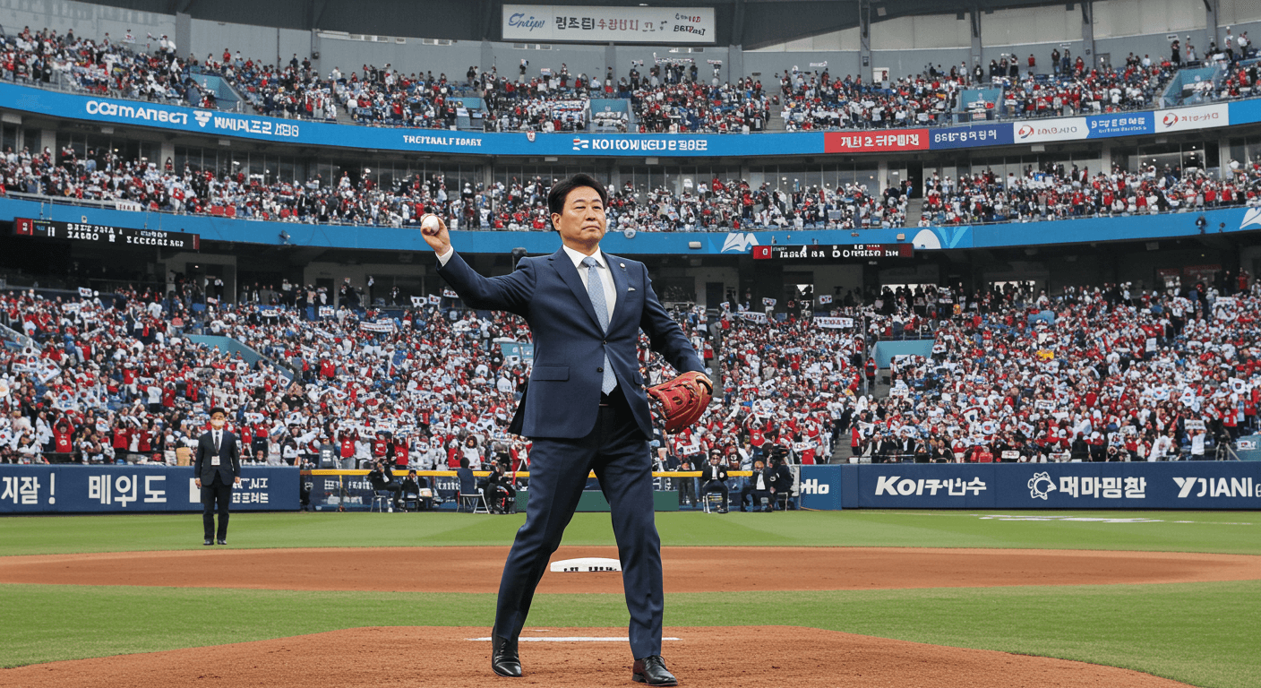 한국인 야구 총재가 가득 찬 야구장에서 개막식 시구를 던지는 장면&amp;#44; 뒤에는 한국인 관중들이 환호하는 극사실적 이미지 2