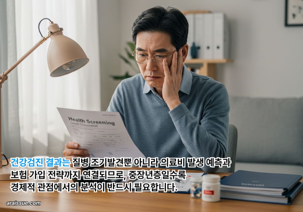 중년 남성이 건강검진 결과와 진료비 관련 문서를 확인하며 향후 약제비&middot;검사비 등 의료비 지출과 실손보험 보장 여부를 고려하는 장면으로, 건강정보의 재무적 활용을 보여줍니다.