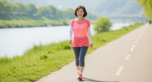 강변 산책로에서 운동복을 입고 걷는 중년 여성&amp;#44; 시원한 강바람