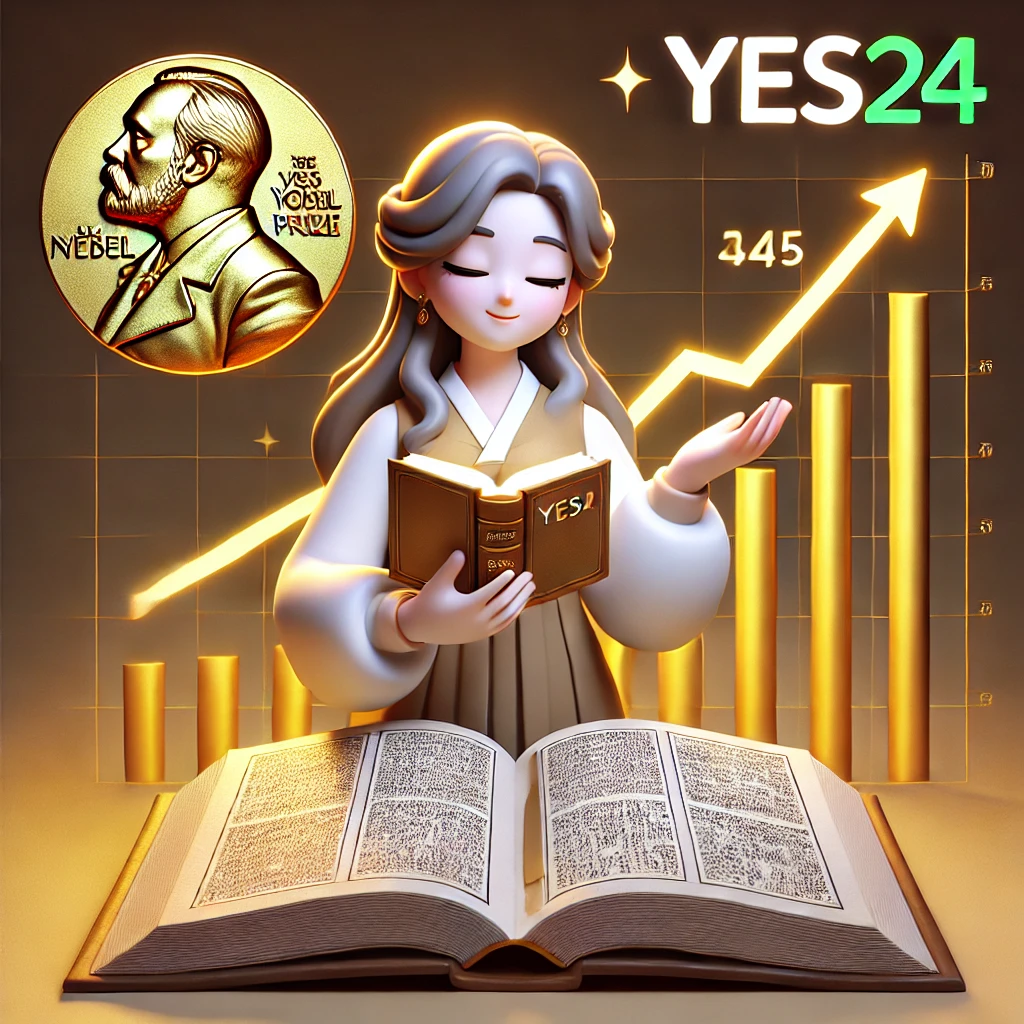 한강 작가의 노벨 문학상 수상과 함께 예스24 주가 상승을 상징하는 모습을 표현한 이미지