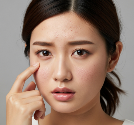 얼굴 메이크업 후 트러블 나있는 피부 만지는 동양여자