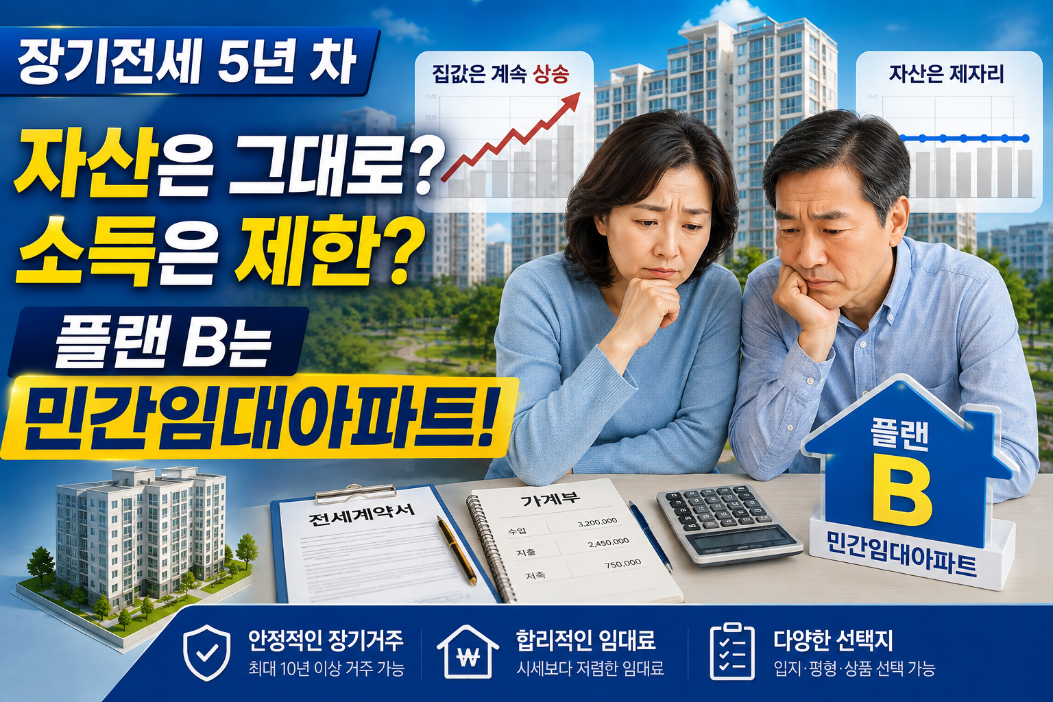장기전세 5년 차 입주자가 자산 정체와 소득 제한 문제를 확인하고 민간임대아파트 플랜B를 검토하는 이미지