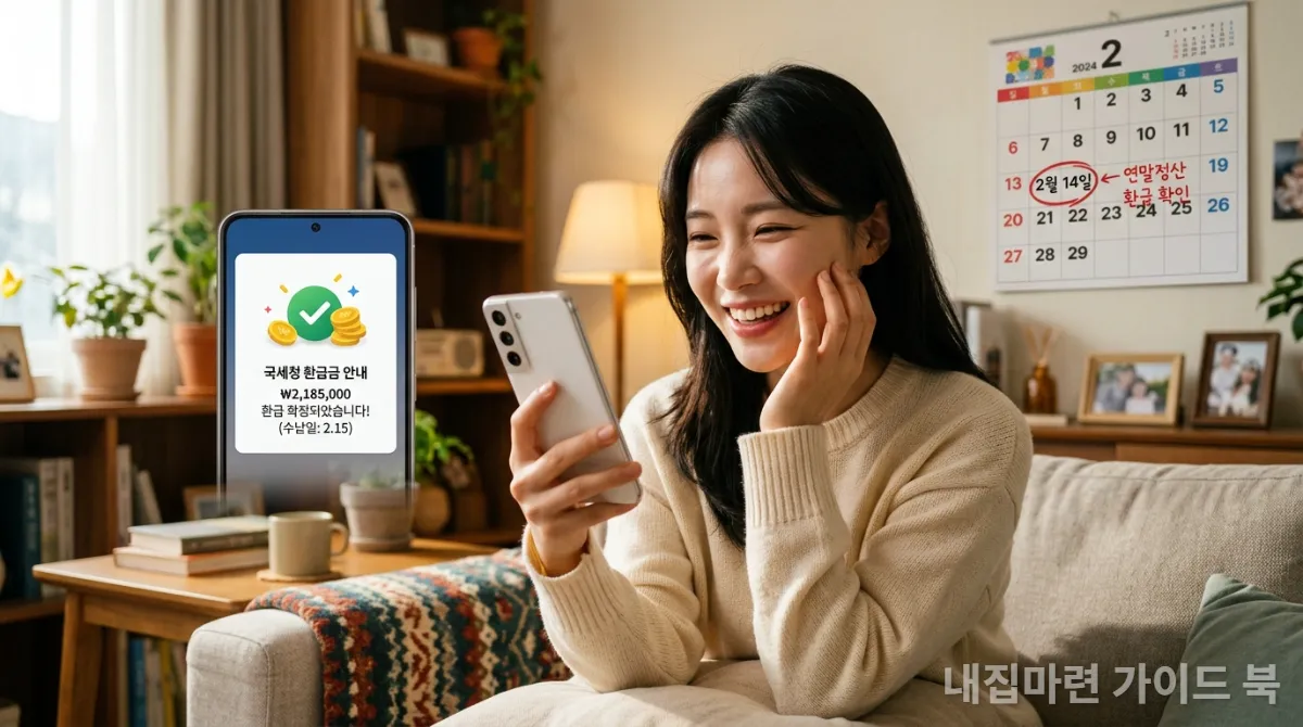 스마트폰으로 월세 세액공제 환급금을 확인하며 기뻐하는 한국인
