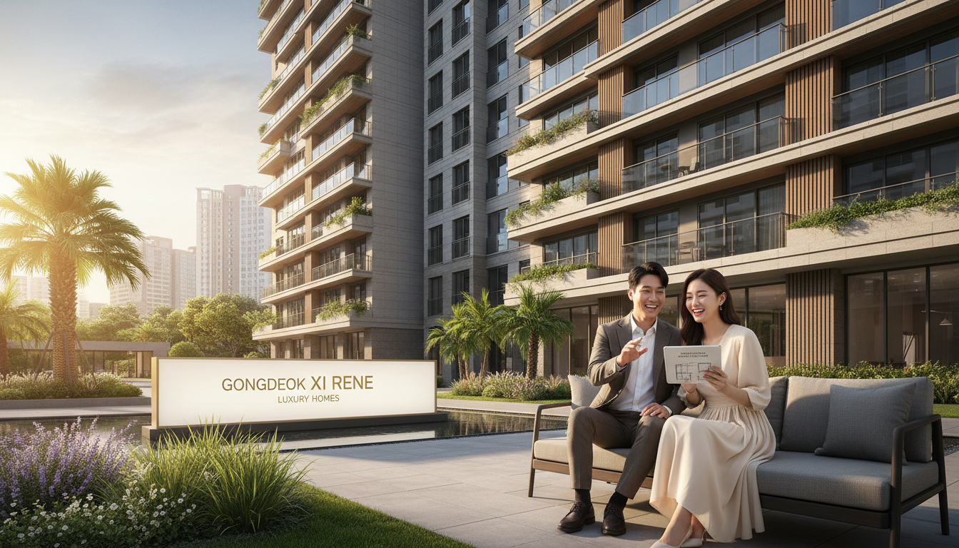 마포구 공덕 자이르네 아파트 전경을 바라보며 내 집 마련의 꿈을 키우는 3040 부부의 모습