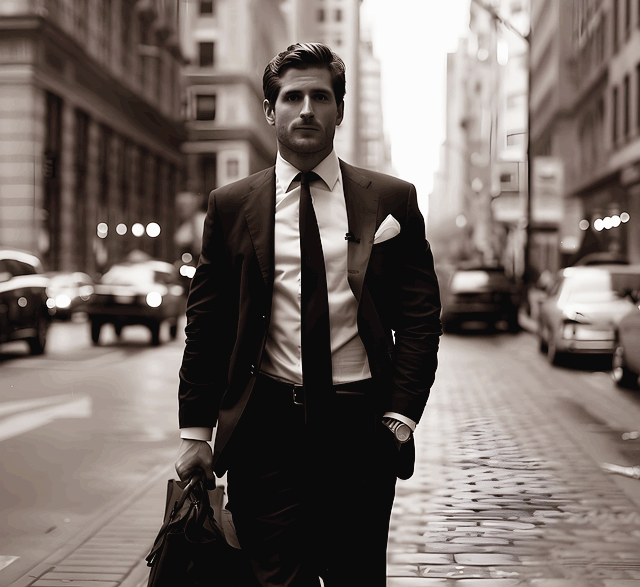 백인 남자가 길거리를 걷고 있다. 멋진 양복을 입었고 서류가방을 들고 있다.