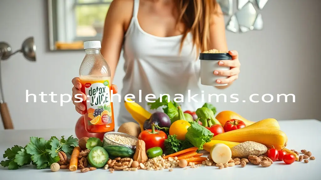 한 손엔 단식 주스를 들고 있는 여성과 탁자 위에 싱싱한 채소들이 놓인 모습.
