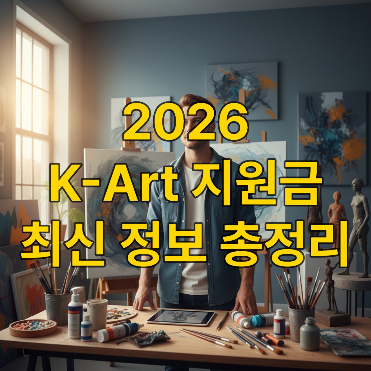 빛이 스며드는 작업실에서 다양한 예술 작품에 둘러싸인 젊은 예술가가 희망찬 표정으로 미래를 바라보는 모습. K-Art 청년 창작자 지원금의 기회와 잠재력을 상징합니다.
