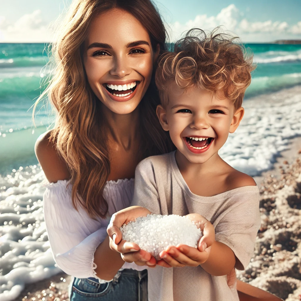 엄마와 아이가 해변에서 소금을 손에들고 웃고있는사진