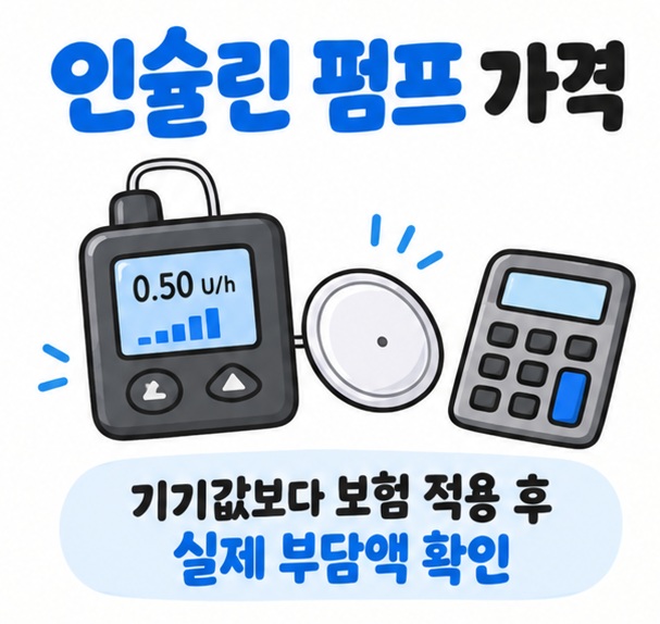 인슐린 펌프 본체와 연속혈당측정 센서 비용 계산기 아이콘을 중심으로 인슐린 펌프 가격 문구를 보여주는 대표 카드뉴스 이미지