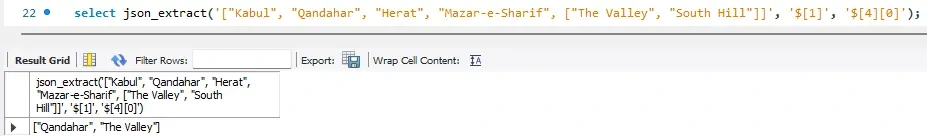 json_extract 예제 쿼리 실행 결과