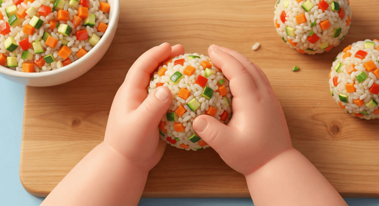 당근, 애호박 등 다진 야채가 들어간 알록달록한 주먹밥을 고사리 같은 손으로 뭉치고 있는 모습