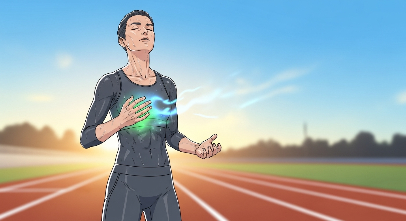 운동 후 활력이 넘치고 상쾌해 보이는 사람의 이미지. 파란색과 초록색의 미묘한 에너지 빛이 주변을 감싸고 있으며, 건강하고 역동적인 생활 방식을 나타낸다.