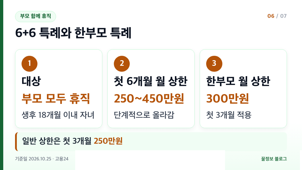 6+6 부모 육아휴직 특례 생후 18개월 이내 부모 모두 휴직 첫 6개월 월 상한 250만원에서 450만원 한부모 300만원