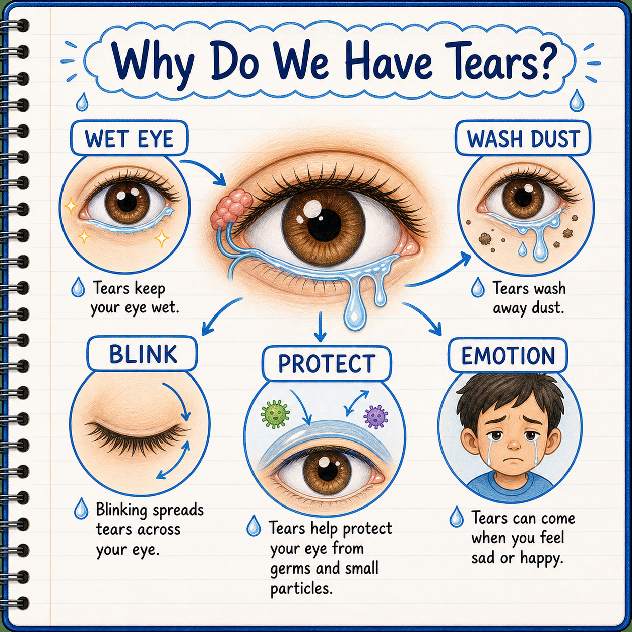 Infographic explaining tears, wet eyes, dust, blinking, protection, and emotions