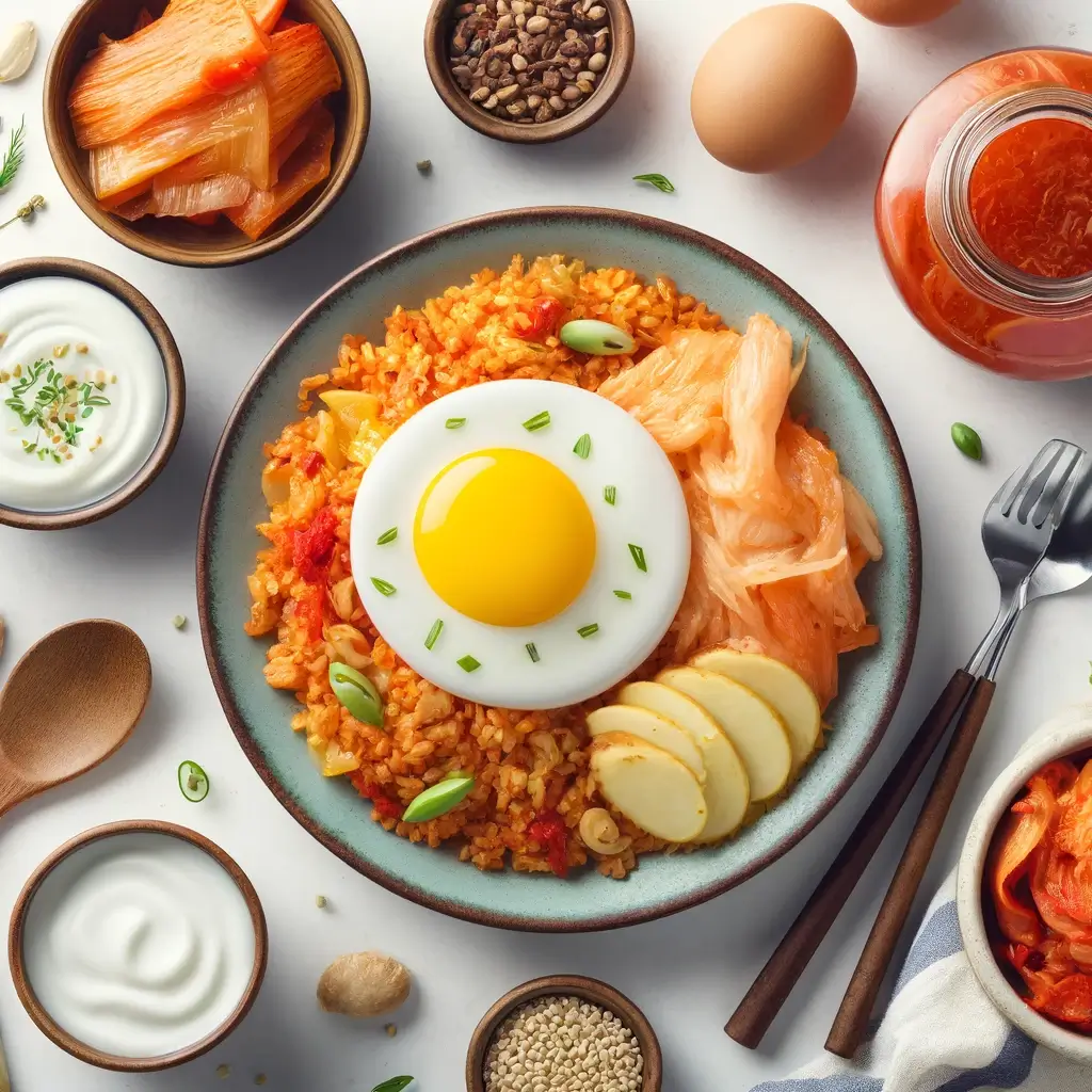 계란프라이가 올려진 김치볶음밥을 중심으로 장 건강에 좋은 발효 식품 김치와 요구르트가 깔끔하게 담겨 어우러진 이미지