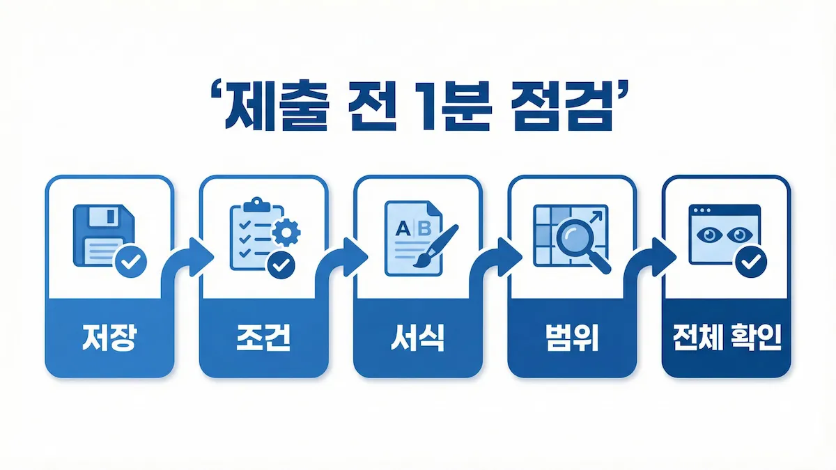 컴활 실기 제출 전 저장·조건·서식·범위·전체 확인을 1분 루틴으로 점검하는 인포그래픽