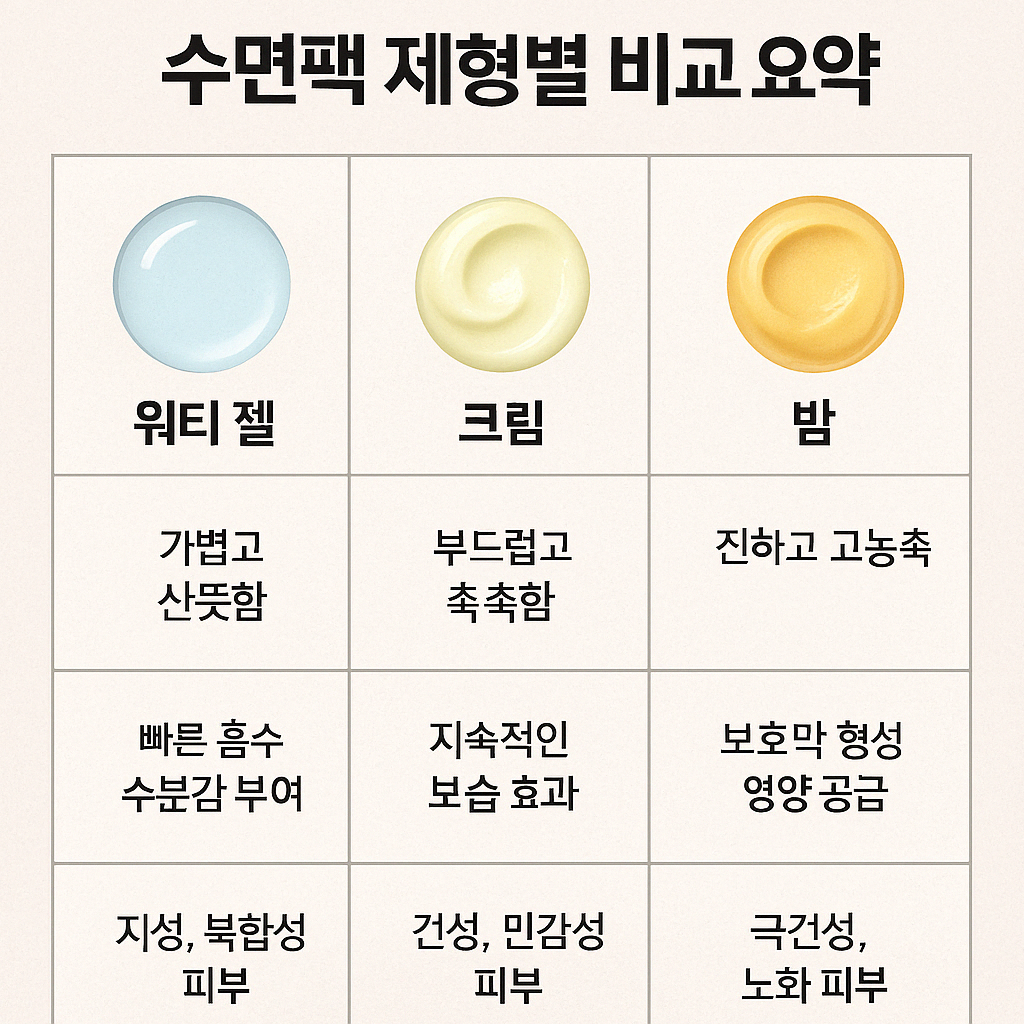 수면팩 제형별 비교 요약