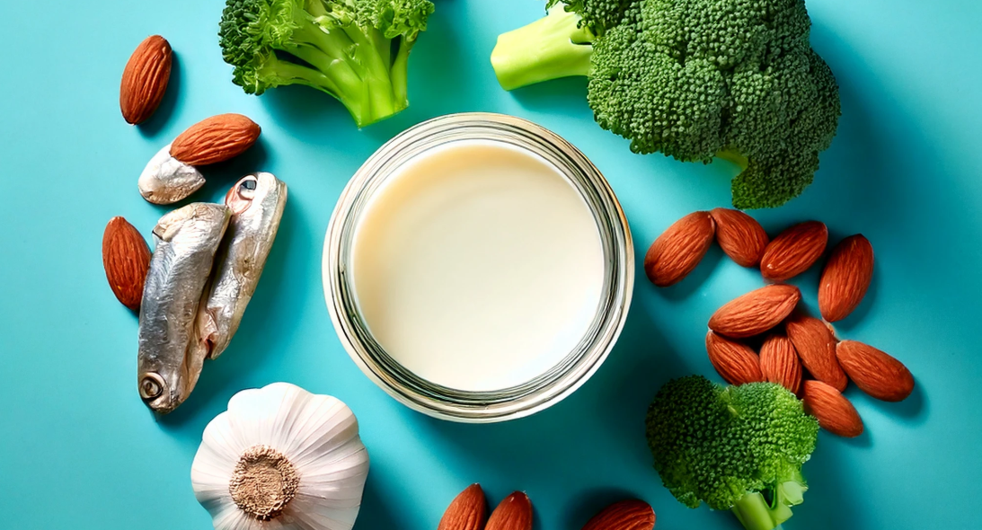 우유,멸치,아몬드,브로콜리가 놓여져 있는 이미지