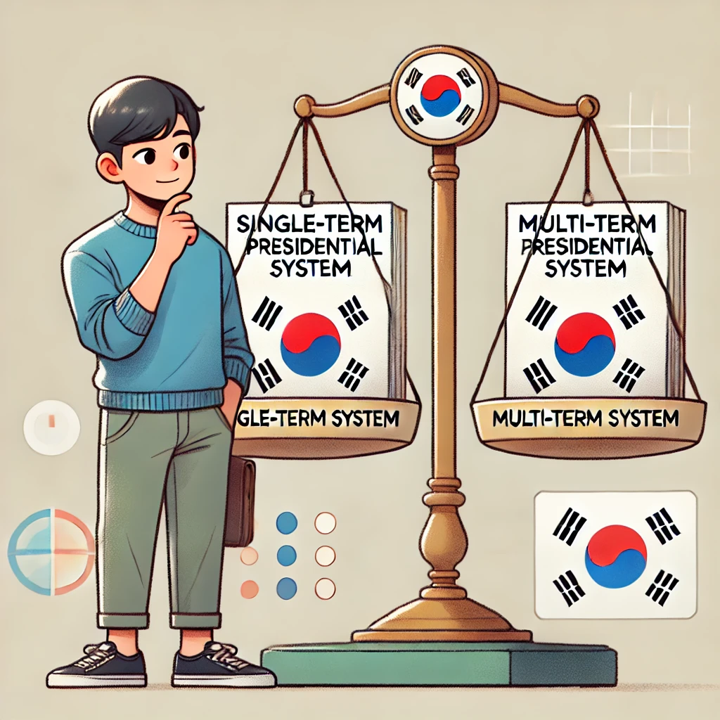 중임제와 단임제를 비교하는 한국인 남성 캐릭터