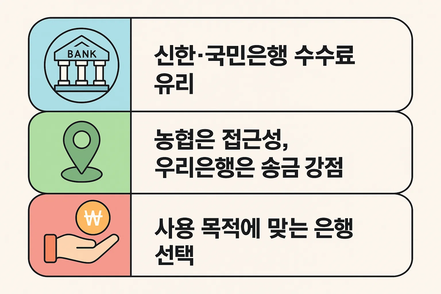 신한&middot;국민은행의 수수료 유리점, 농협&middot;우리은행의 접근성 및 송금 강점을 정리하고, 사용 목적에 맞는 은행 선택 포인트를 시각화한 인포그래픽입니다.