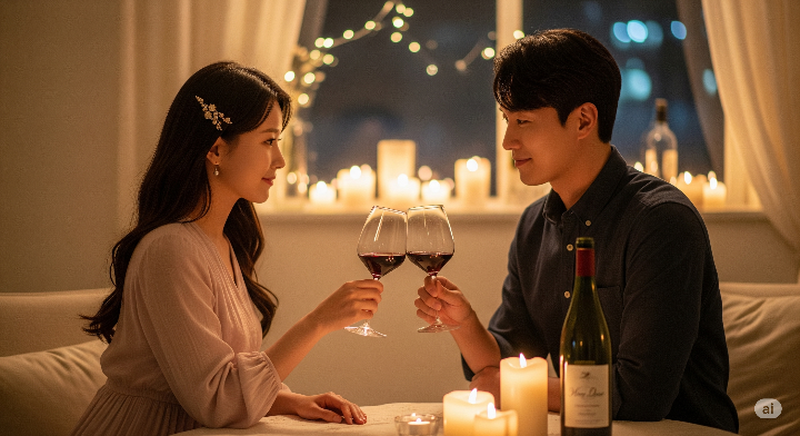 와인 잔과 촛불, 잔잔한 음악이 있는 로맨틱한 와인데이 분위기