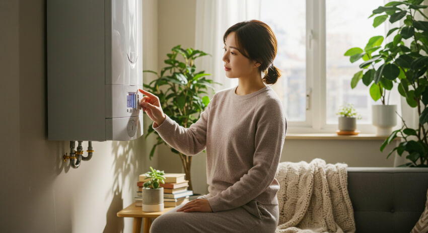 겨울철 가스비 절약을 위해 보일러 온도를 조정하고 있는 여성