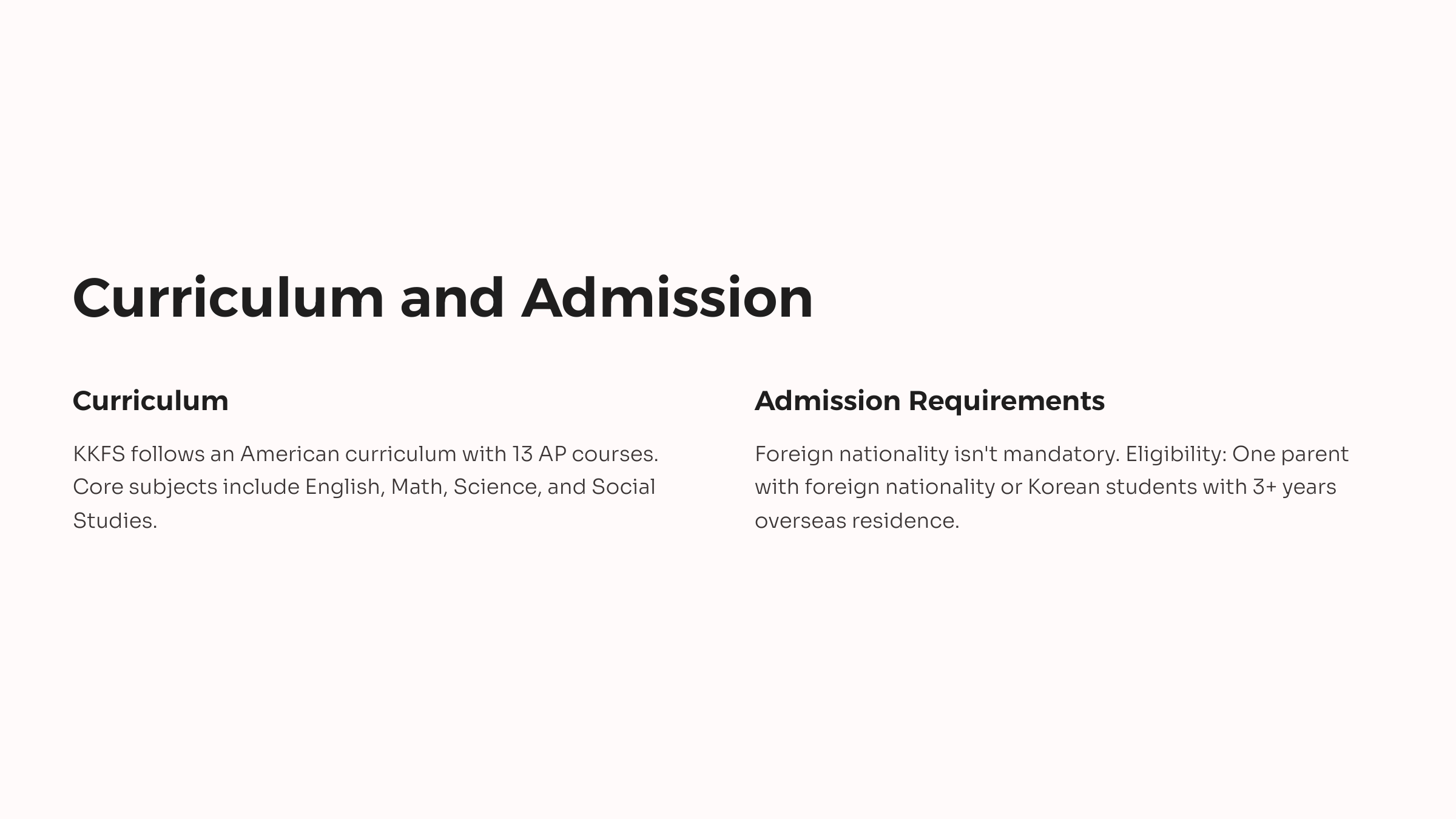 한국켄트외국인학교(KKFS)의 외관과 학교 소개. 다양한 국적의 학생들에게 영어 기반의 교육과 AP 프로그램 제공을 강조.