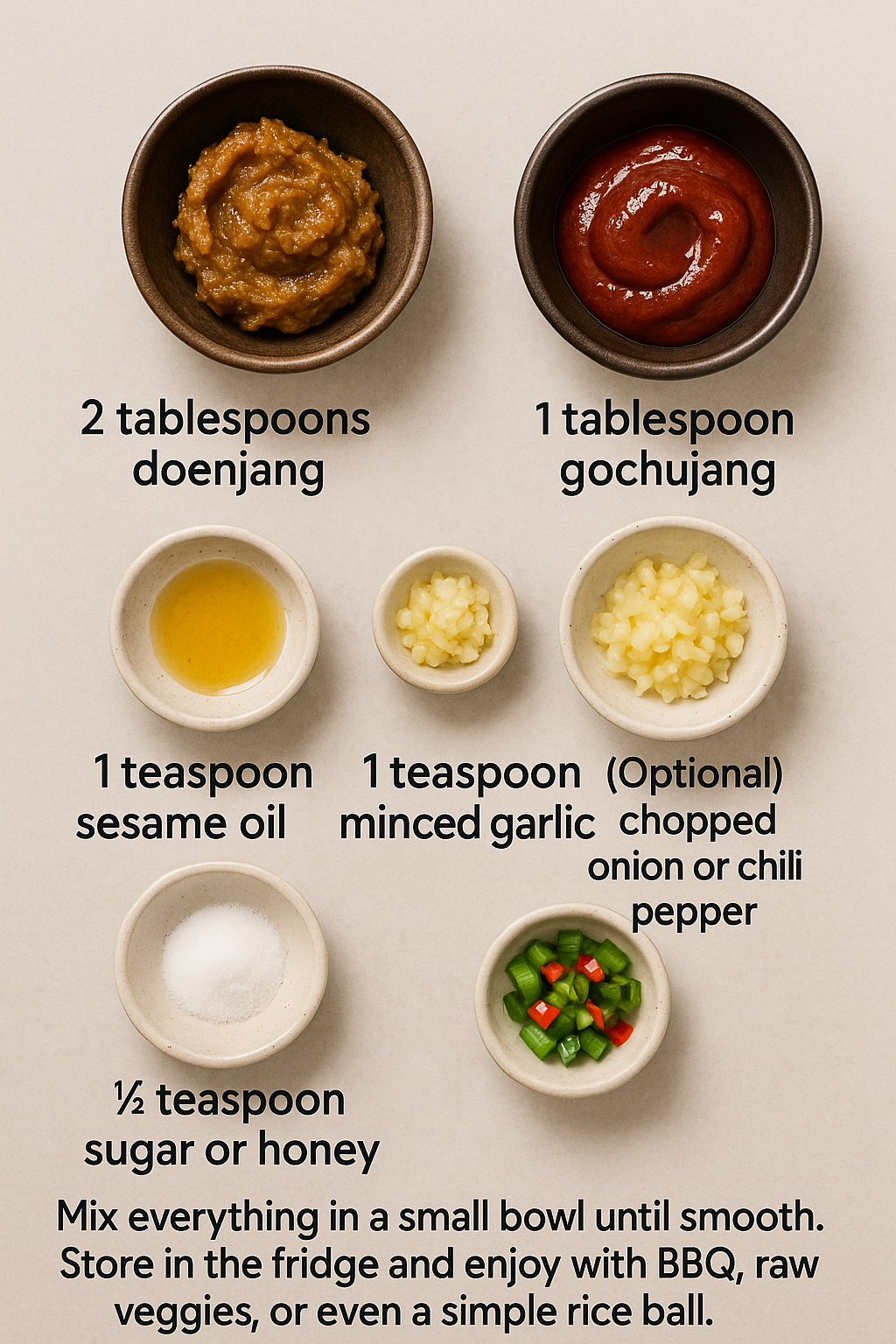 ngredients for homemade ssamjang displayed in small bowls on a light background, including 2 tablespoons doenjang, 1 tablespoon gochujang, 1 teaspoon sesame oil, 1 teaspoon minced garlic, ½ teaspoon sugar or honey, and optional chopped onion and chili pepper.