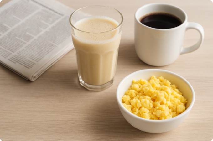 따뜻한 아침 햇살 아래 놓인 단백질 쉐이크, 커피, 스크램블 에그의 고요한 아침 식탁.
